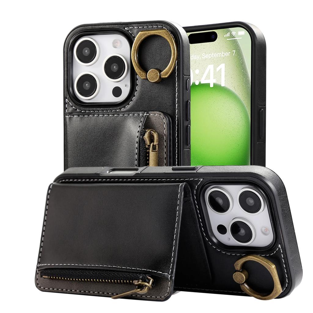 Luxury Leather Card Bag Slot Phone Case for IPhone 16 15 14 16E 13 12 17 Pro Max Plus Cases Stand Sleeve Cover with Wrist Band