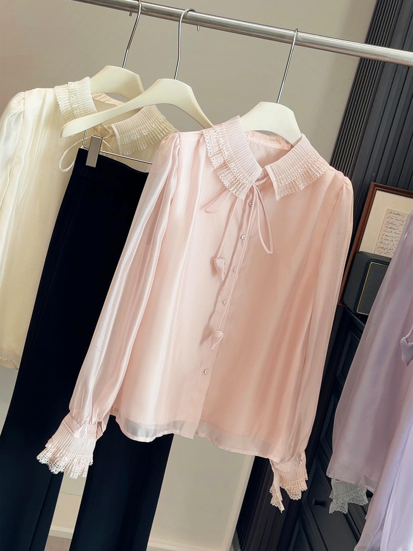 

Women s Spring Lace Lapel Starry Sky Gauze Puff Sleeve Shirt - Exquisite Long Sleeve Base Top One Size рожевий
