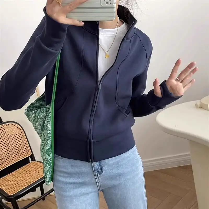 Women s Navy Blue Zip-Up Jacket - Stand Collar Slim Fit Thumbhole Sports Top L
