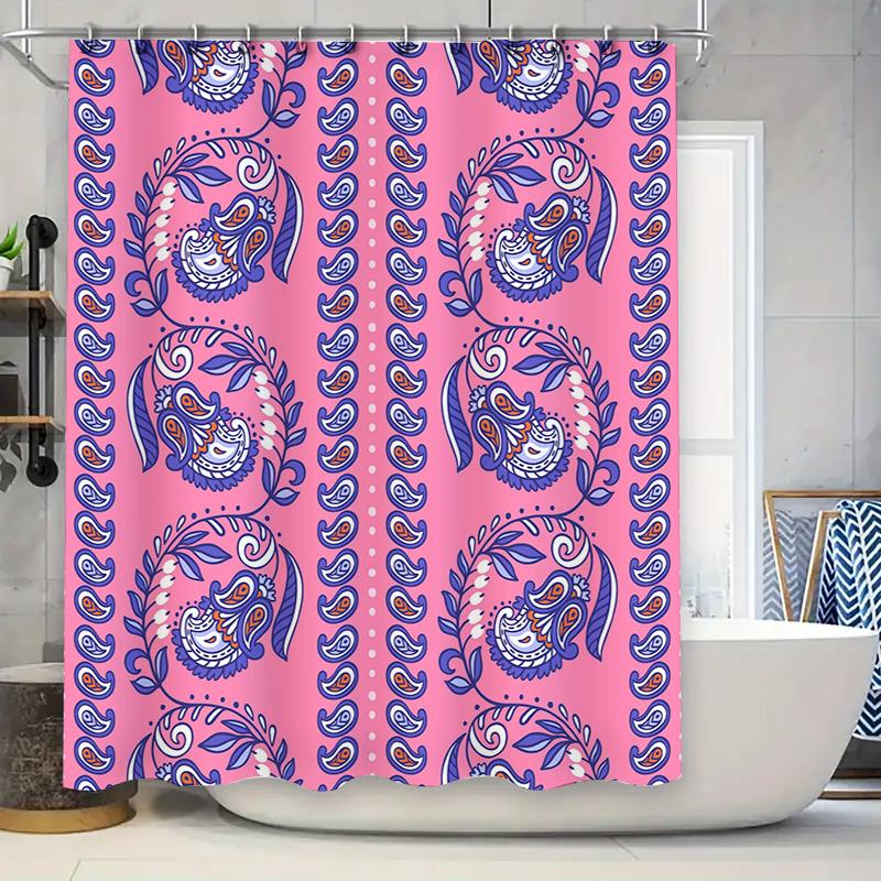 

Pink Bath Shower Curtain With Blue Paisley Pattern For Bathroom Decor Waterproof Fabric 72 X 84 Inches Home Decoration Item Set W60H190(CM)-1 Pcs