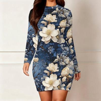 2025 Autumn and Winter New 3D Flower Print and Dyeing Women's Fashion Long-sleeved Round Neck Hip-wrapped Dress Valentine's Day Limited