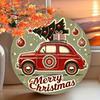 Vintage Christmas Car Tree Round Metal Sign 87x87 inch Festive Red Car Gift Merry Christmas Script Home Office Holiday Decoration