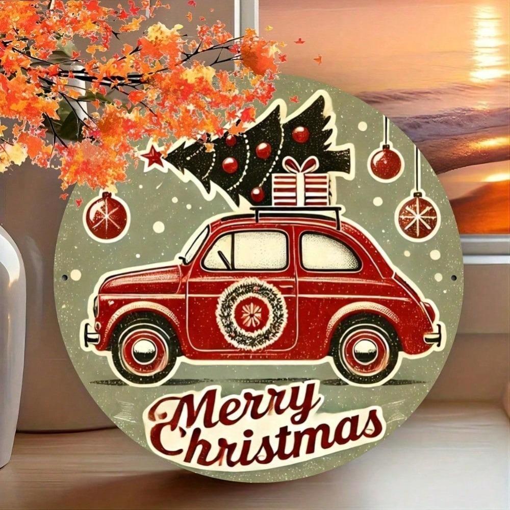 Vintage Christmas Car Tree Round Metal Sign 87x87 inch Festive Red Car Gift Merry Christmas Script Home Office Holiday Decoration