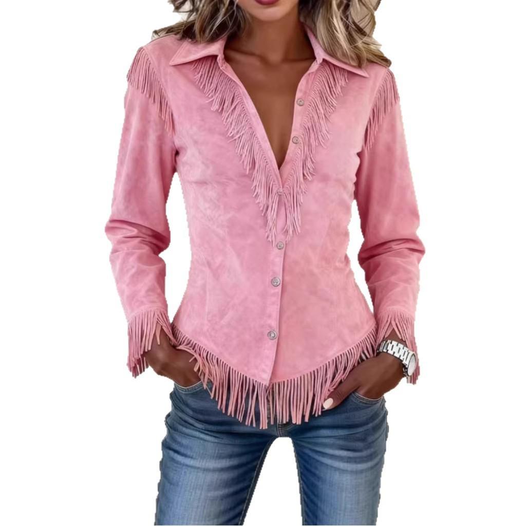 Women's Pink Suede Tassel Jacket - European & American Slim Lapel Coat for Autumn/Winter