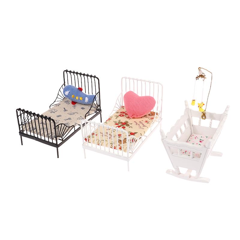 1:12 Dollhouse Mini European Iron Bed Cradle Bed Cushion Mattress Bedroom Decor