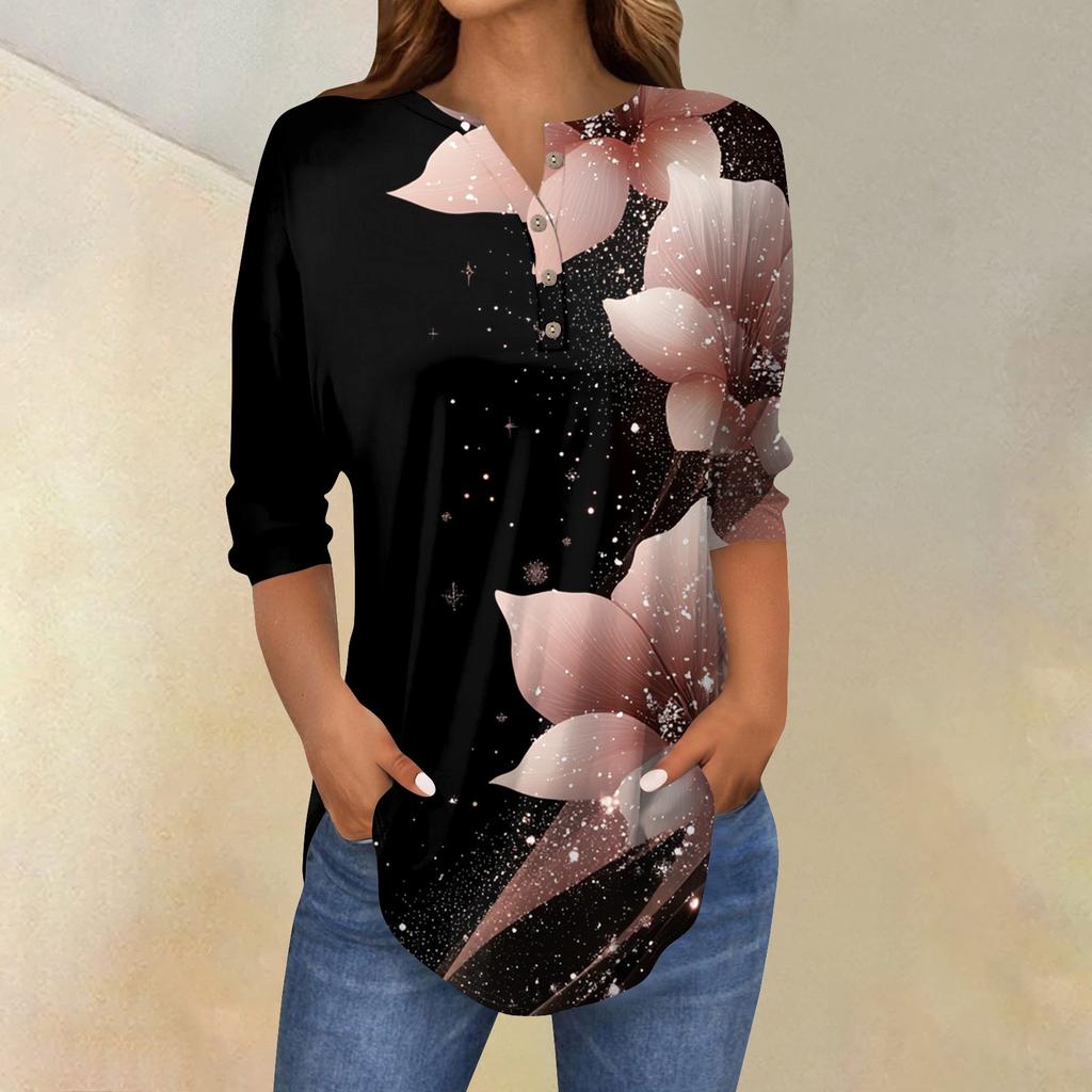 Damska Moda Luźny Kołnierzyk na Guziki Nadruk Rękaw 3/43/4 T-Shirt Top Pulower