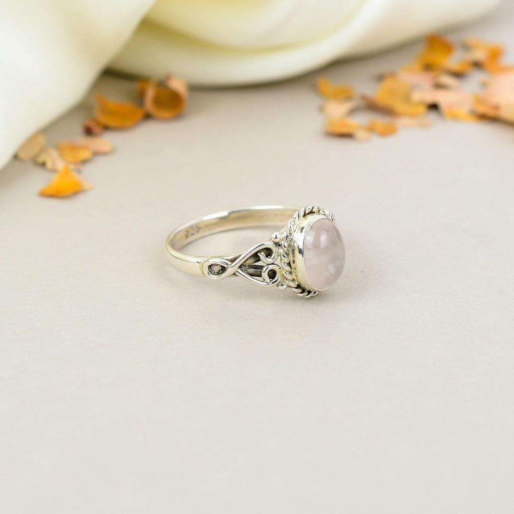 925 Sterling Silver Rose Quartz Gemstone Oval Shape Ring For Women