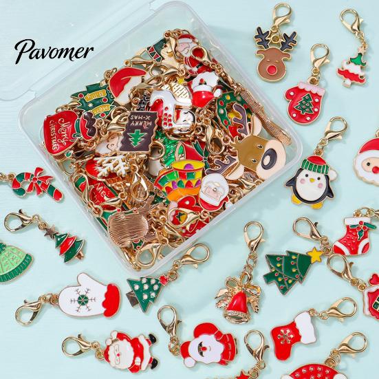 Oil Dripping Pendants 10/20/30Pcs Christmas Keychain Set, Golden Plated Alloy Enamel Keyring Pendant, Set Santa Tree Reindeer for Holiday Bag