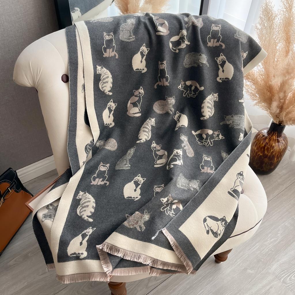 Luxury Winter Kitty Two-Sided Cashmere Jacquard Scarves High Quality Women Thicken Wrap Shawl Ladies Wool Pashmina Scarf