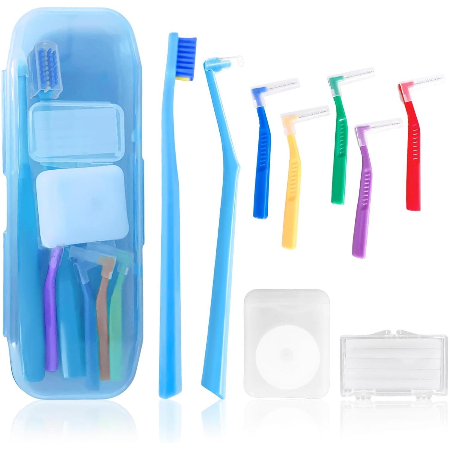 9-in-1 Orthodontic Oral Care Kit with Case – Toothbrush, End Tuft Toothbrush, 5 Interdental Brushes, Dental Floss, Dental Wax – Portable Hygiene синий