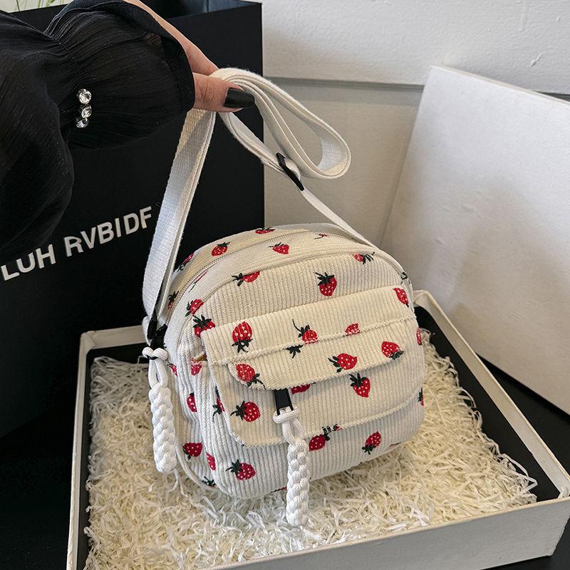 Summer Casual Versatile Strawberry Printed Canvas Phone Bag Single Shoulder Crossbody Bag