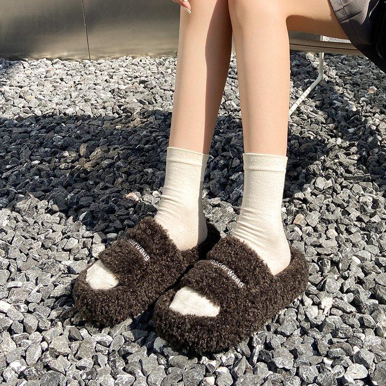 Internet celebrities thick-soled teddy curled wool shoes women's shoes wear new autumn and winter plush one-word cotton slippers