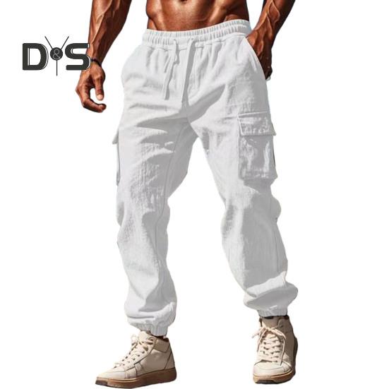 

Мужские брюки-карго из хлопковой смеси, повседневные брюки с завязками на талии и множеством карманов для путешествий, работы, повседневной носки L белый