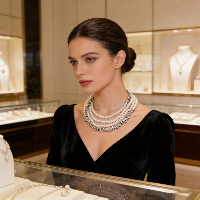 Double Layer Geometric Designs Collar Necklace with Imitation Pearls for Women Trendy Neckchain Fashion Jewelry