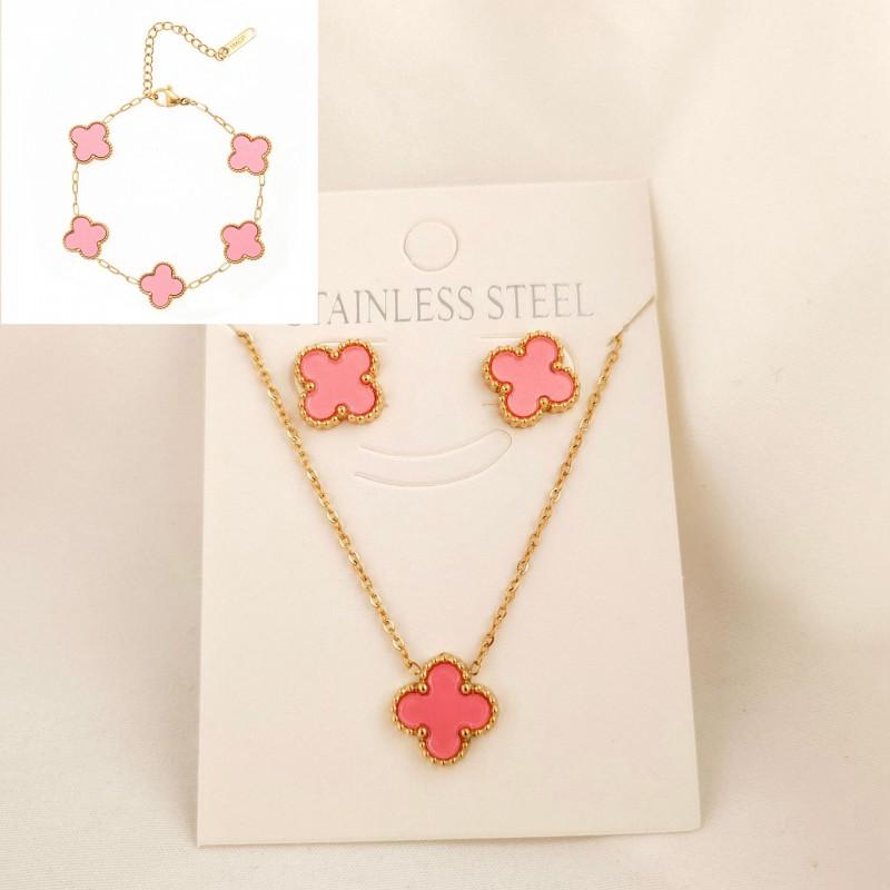 Elegant Titanium Steel Four Leaf Clover Necklace Earring Bracelet Set Women - Gold Black White Green Blue Red Pink