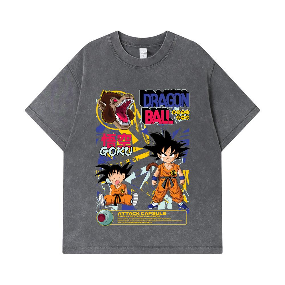275 GSM Washed T-shirts 100% Cotton Dragon Ball V40 Goku Capsule Print Unisex Heavy Cotton T Shirt