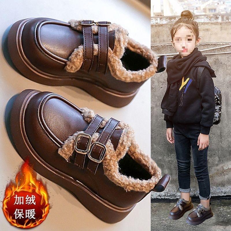 Girls cotton shoes plus cotton princess shoes 2025 autumn and winter British style warm Doudou shoes thickened soft-soled little girls leather boots