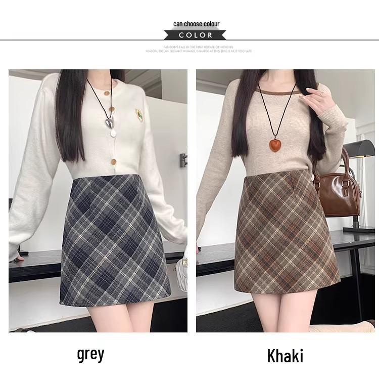 Women's High-Waist Plaid Wool A-Line Skirt - Slimming, Hip-Hugging, Autumn/Winter 2026 Style, Petite Fit