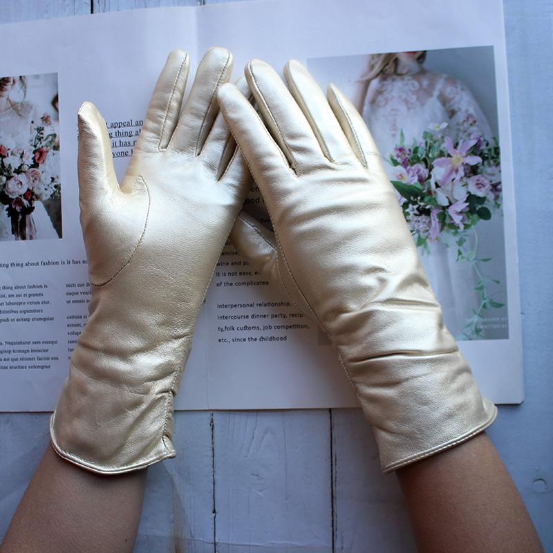 Sheepskin Leather Gloves Women's Fashion Elastic Style Velvet Lining to Keep Warm in Autumn and Winter Retro Color Points