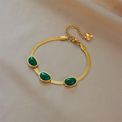 Vergoldetes Edelstahl Malachit Stein Fischgrätenmuster Armband für Damen