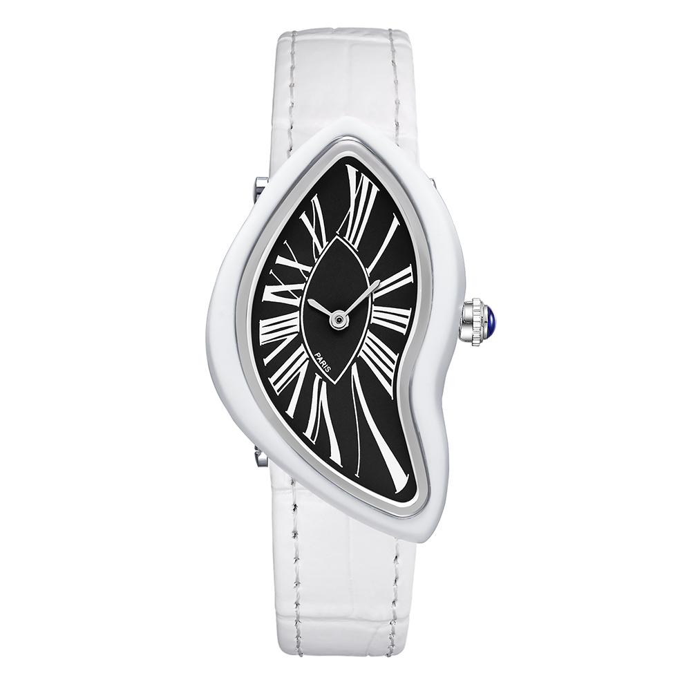 Dali Schmelzende Verzerrte Uhr Unregelmäßiges Römisches Zifferblatt Schwarzes Echtes Lederarmband Surrealistische Kunst Damenuhr Quarz Armbanduhr