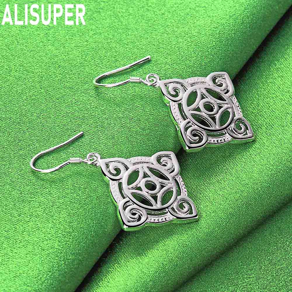 925 Sterling Silver Auspicious Square Ruyi Openwork Earrings - Fashion Gift Jewelry