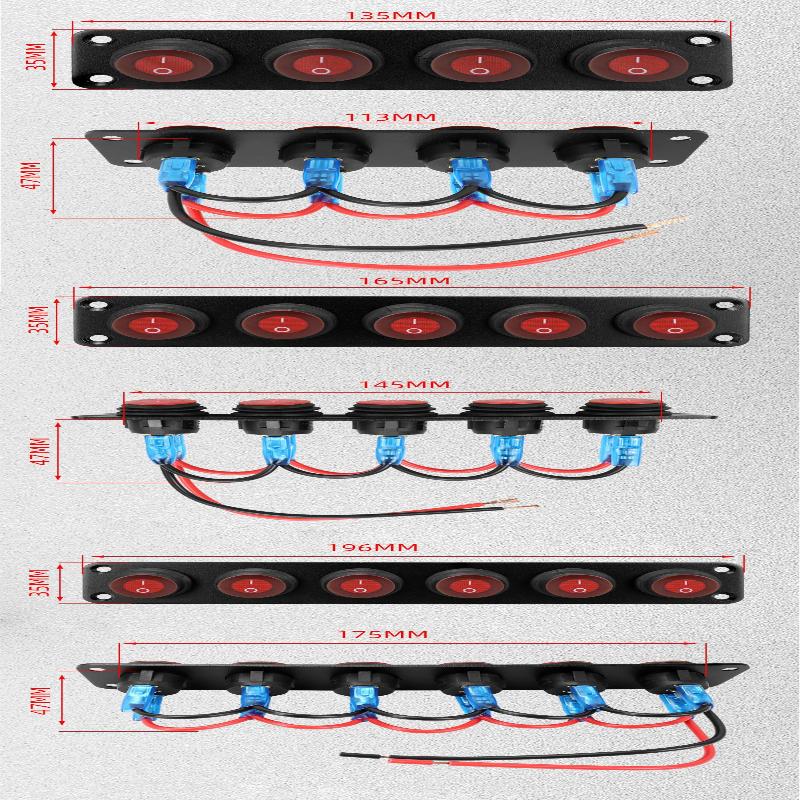 1-6 Gang Rocker Switch Panel 12V Waterproof On-Off Toggle Switches With Red LED Light For Automotive,Boat,Truck Vehicles