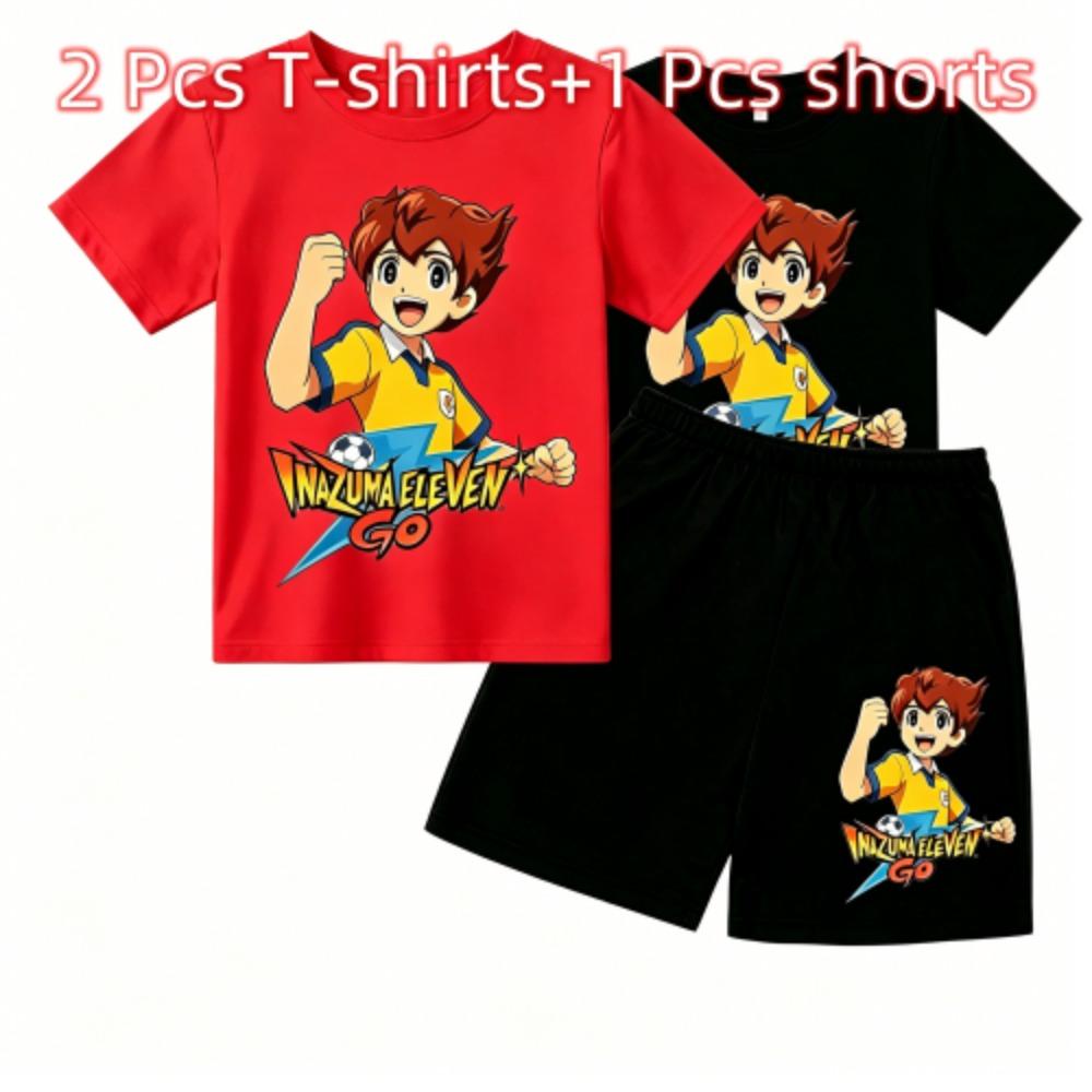 Fashion Anime Football Boy Game Print Outdoor Street Kids T-shirt and Shorts Summer Home Casual Outfit Boy and Girl's Sports Set
