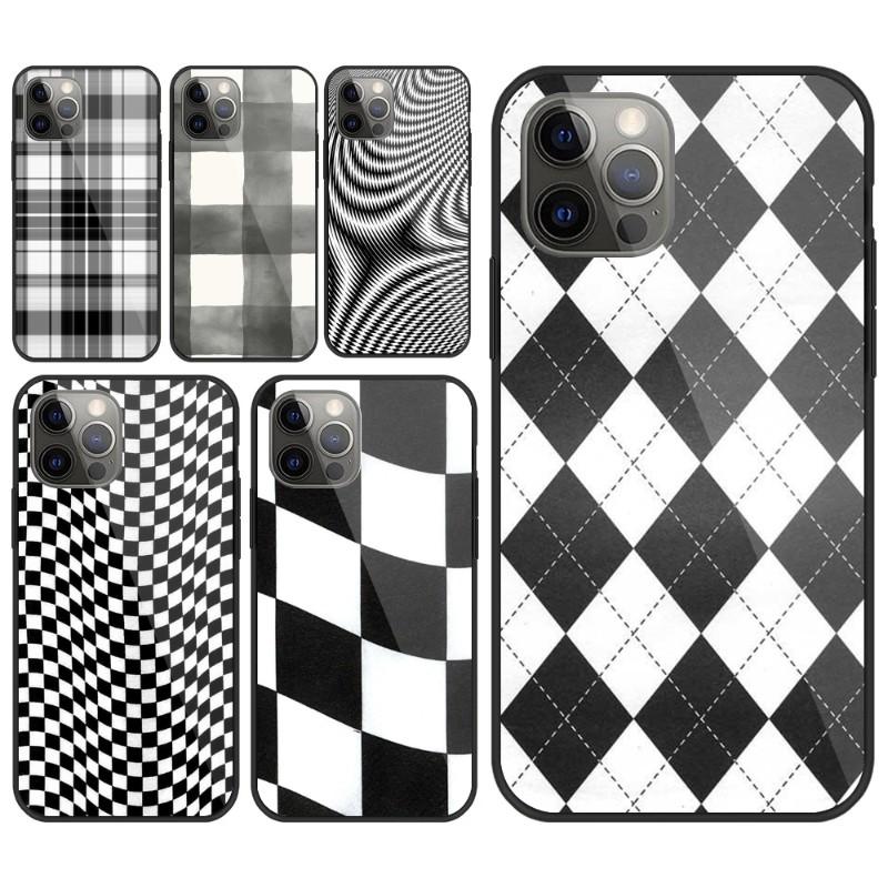 Black White Checkered Phone Case For IPhone 13 12 11 XS X 8 7 6 Plus Mini Pro Max SE 2022 Black PC TPU Glass Phone Cover