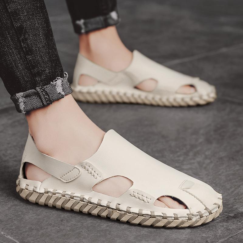 2024Men's Summer Beach Shoes Sandals Retro Trend Men's Shoes Leather Slippers New In Fashion Slippers Handmade Male Beach Shoes