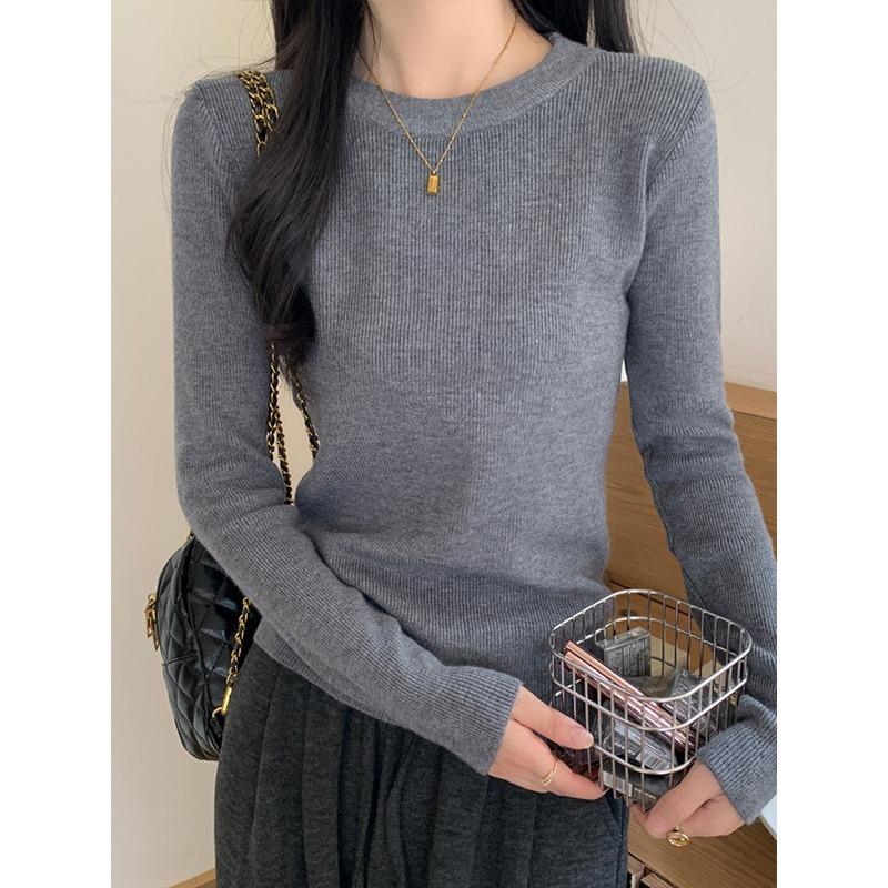 Solid color slim-fitting simple top women's knitted sweater spring, autumn and winter temperament with long-sleeved thin bottoming shirt