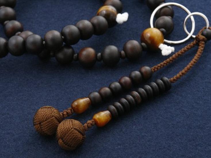 Kyoto Butsudan Hayashi Buddhist Prayer Beads, Jodo Sect, Ebony (Unpolished) with Tiger Eye Stone (4-Piece Set) (Men's), Formal, Authentic [Tiger Eye]
