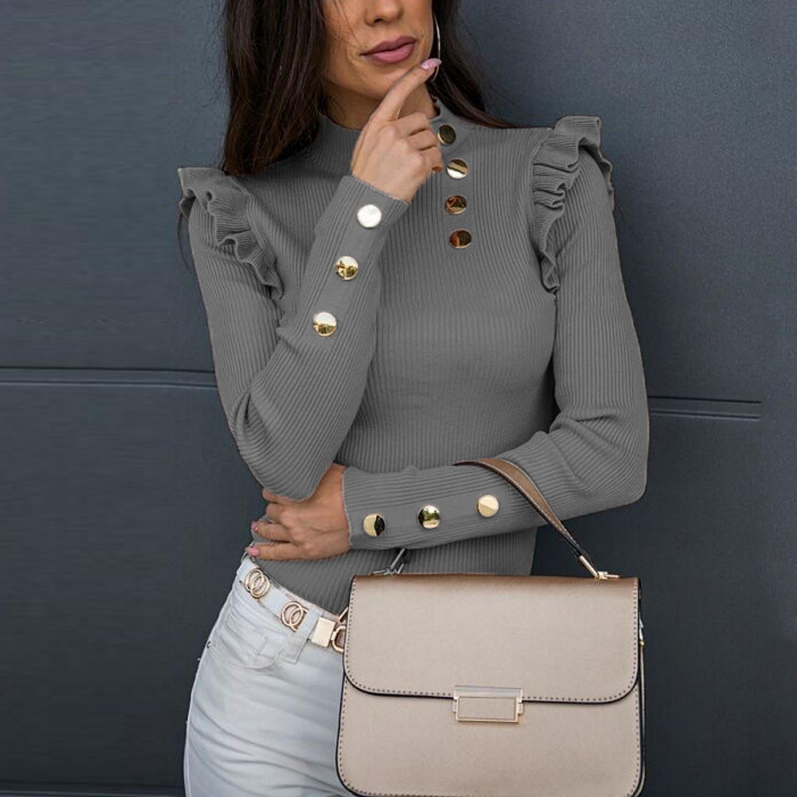 

Женская рубашка с длинными рукавами, тонкая рубашка с рюшами и пуговицами, верхняя блузка XXL