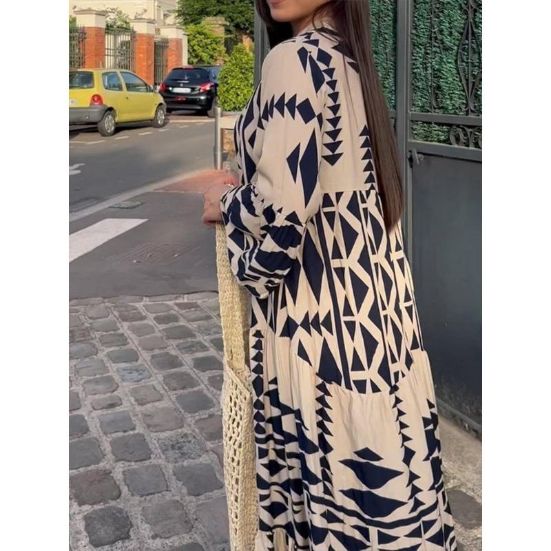 Elegante Maxi Kleid Frauen Casual Streetwear Vintage Geometrische V-ausschnitt Boho Strand Lange Lose Kleider Weibliche Vestidos Robe Ete Femme