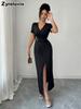 New V-Neck Cross Buckle Pleated Ruched High Slit Dress for Women Summer Long Skirt