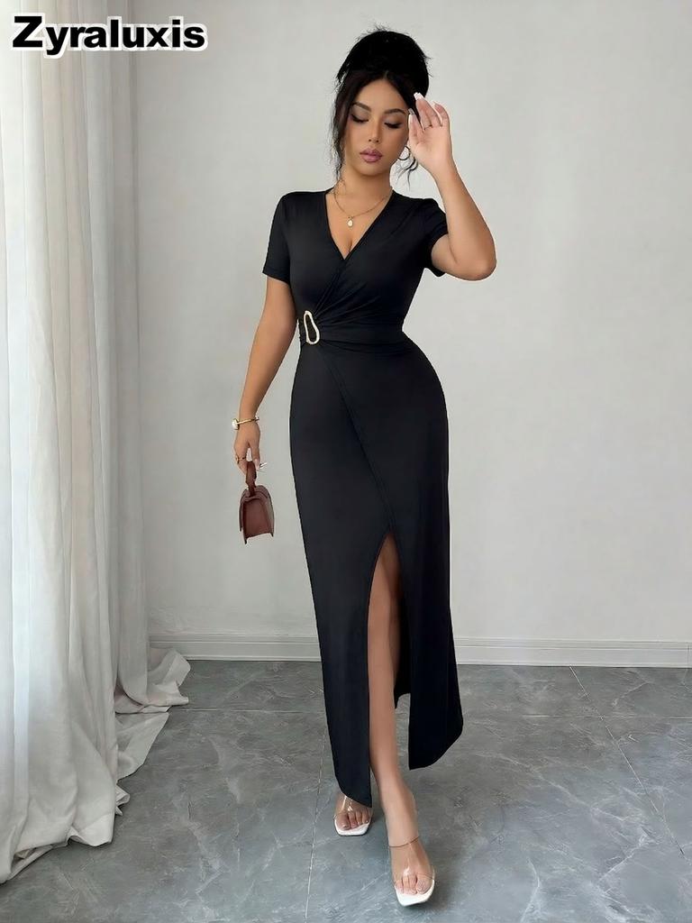 New V-Neck Cross Buckle Pleated Ruched High Slit Dress for Women Summer Long Skirt