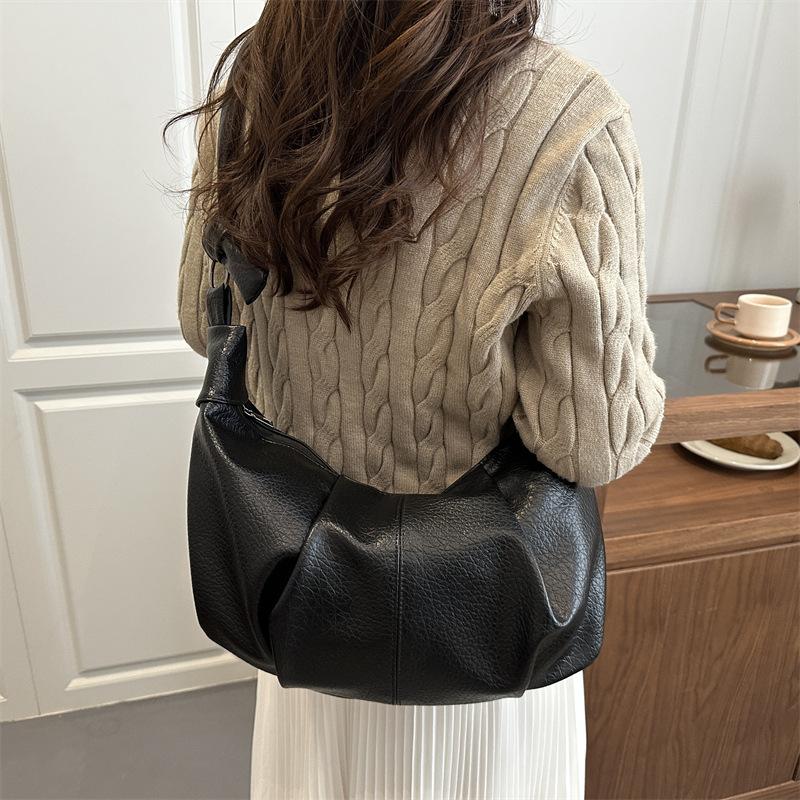 Vintage Pleated Design Women PU Shoulder Hobos Bags Solid Color Versatile Ladies Crossbody Bag Large Capacity Female Casual Tote