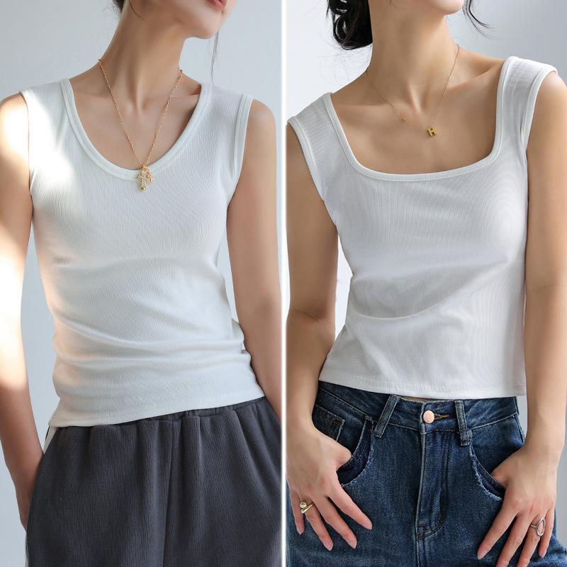 V-neck Basic Style with Two Front and Back Black Threaded Cotton Base Suspender Vest for Women's Inner Sleeveless Outer Top