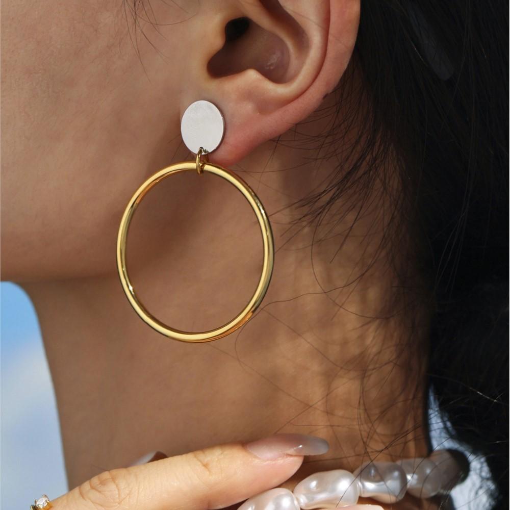 Two-tone Large Circular Ring Dangle Earrings In Stainless Steel Gold Silver Color Minimalist Stud Earring Ear Studs For Women