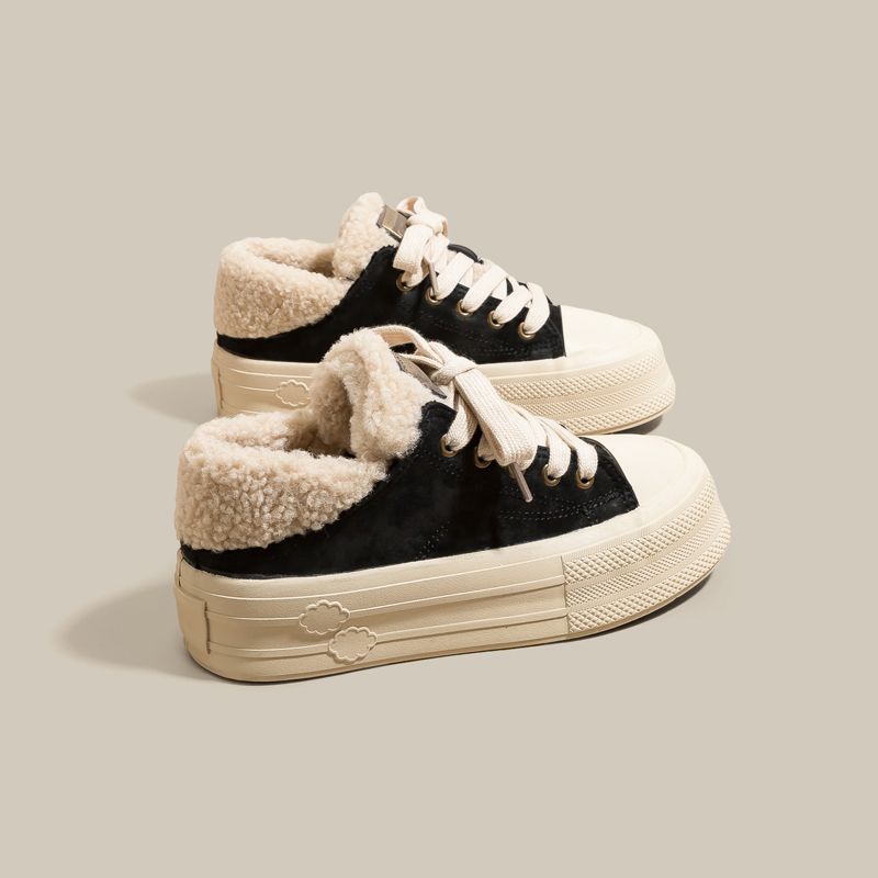 

2025 winter niche warm design two wear board shoes women fleece leisure sports white shoes two cotton shoes women 35 чёрный