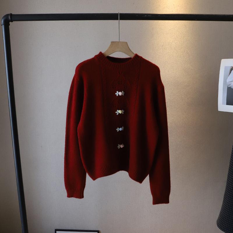 

[Би Чжэн] 2024 Зимний женский милый свитер с круглым вырезом, вязаный арановым узором аргайл One Size красный