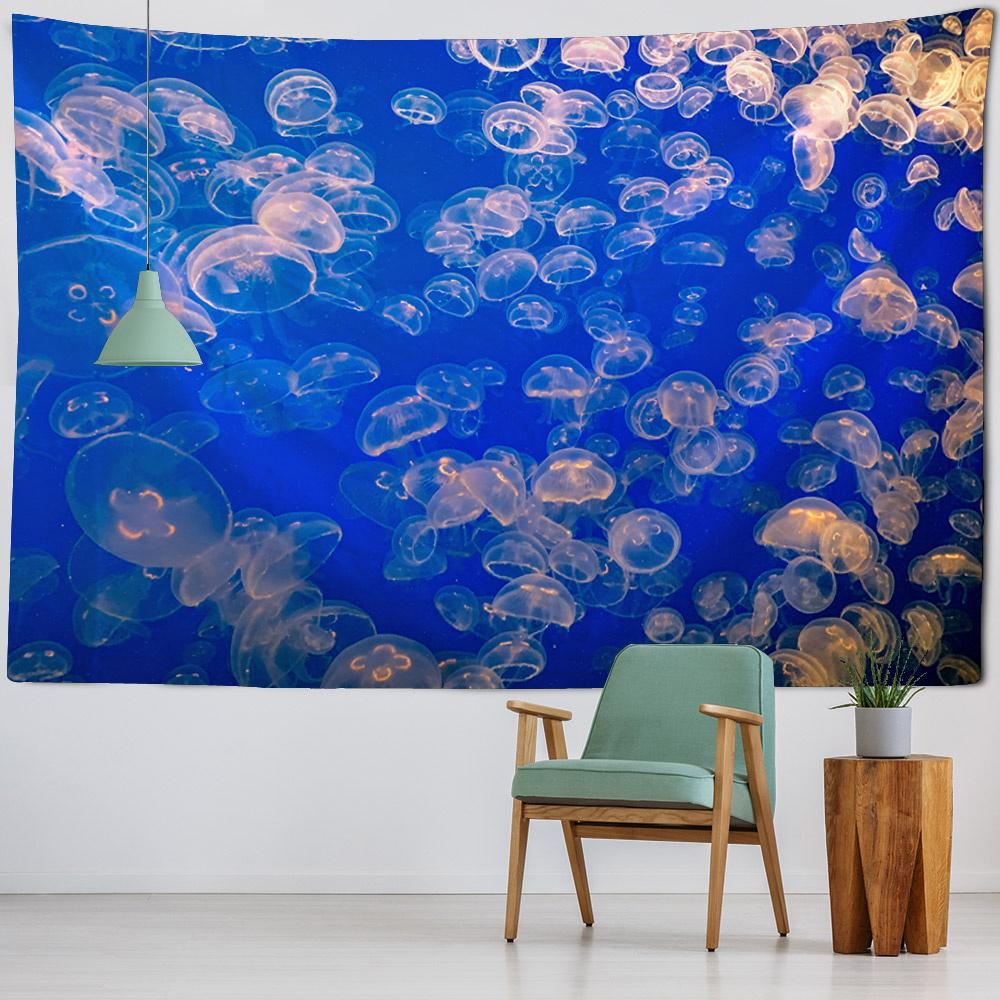 Underwater Jellyfish Wall Tapestry, Dreamy Cartoon Style, Children's Room Background Poster, Home Decoration Mural, Bed Sheets