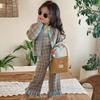 Children Clothing Set  Autumn  Fresh Plaid Girl's Knitted Set Sweater Cardigan +Vest+Pant Sweet Three Piece Suit