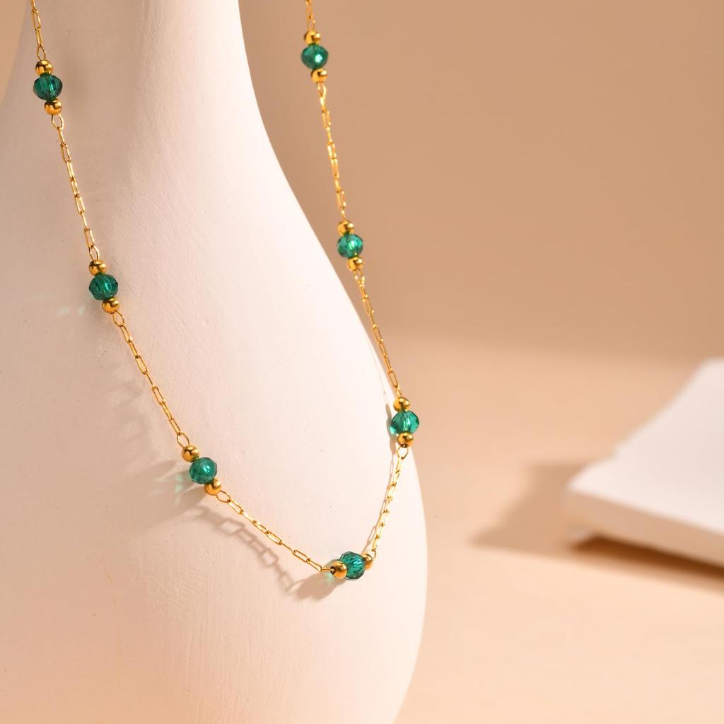 Necklace for Stainless 18K Gold Crystal [Rockyu] Women, Steel, Plated, Green, Black, Beads, Chain, 45-50cm (black)