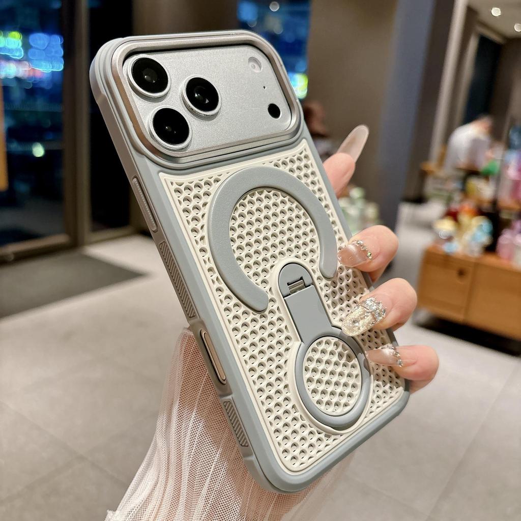 Compatible with iPhone 17 Pro Max Case: Breathable Cooling Mesh, Colorful Rotating Magnetic Stand, Honeycomb Design for iPhone 16.