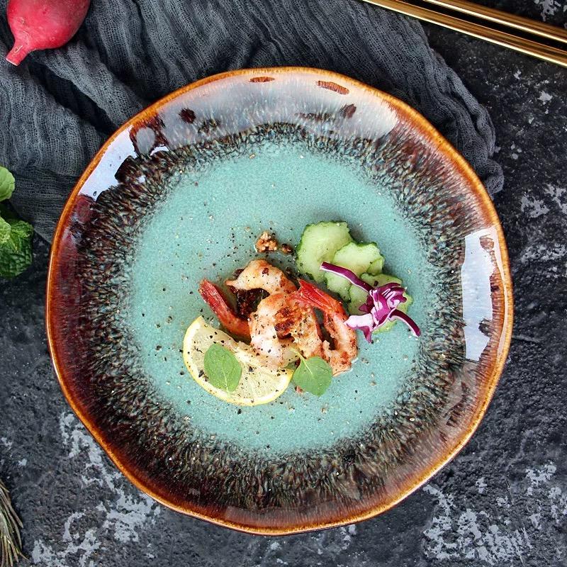 Creative European Ceramic Dinner Plate, Kiln-Changed Green Glaze Steak Plate, Household Salad Dish