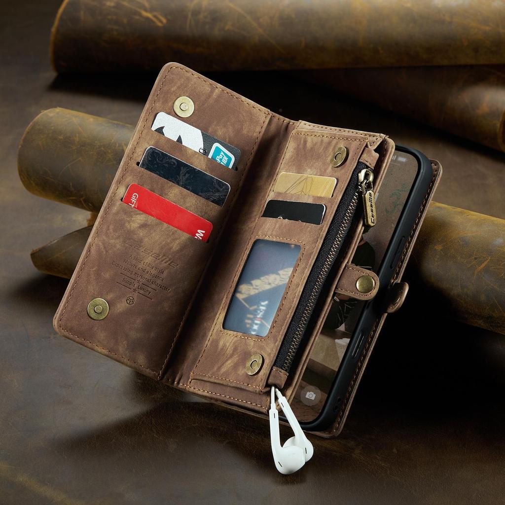 CaseMe-008 For iPhone 16 Pro Max Removable 2-in-1 Zipper Wrise Strap Multi-functional Wallet Case Card Slots Phone Cover