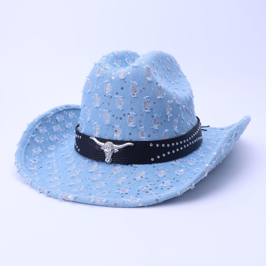 High-Quality Old Denim Ripped Western Denim Hat Fashionable Black Cow Head Belt Jazz Hat European And American Style Top Hat