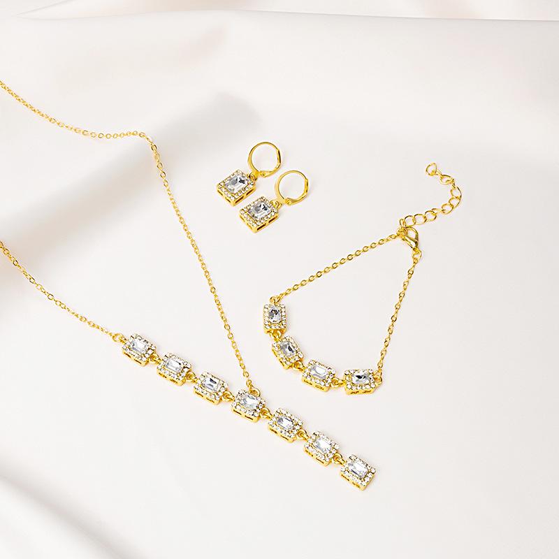 Luxury Super Flash Full Diamond Square Emerald Necklace Set, Yellow Pink Crystal Bracelet Earrings Jewelry