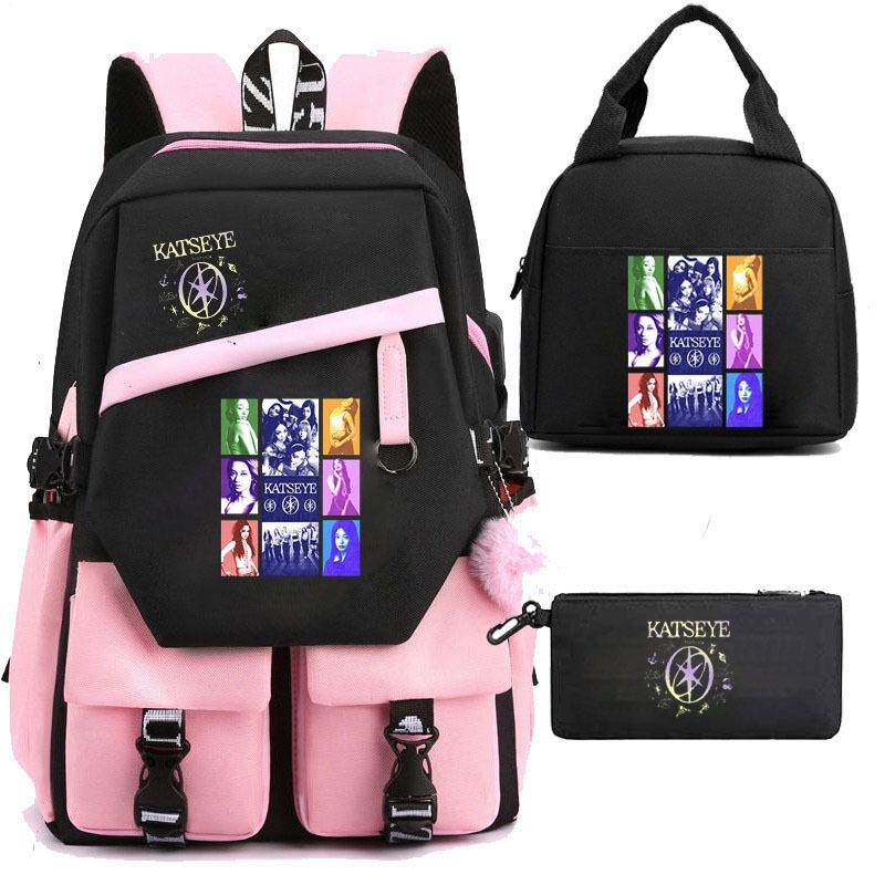 Katseye 3-in-1 School Backpack Set USB Charging Lunch Bag Pencil Case for Teenagers Students Lightweight Casual Bookbag with Large Capacity